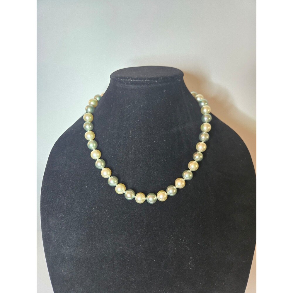 Faux Pearl Necklace Cream and Greenish Large Gold Tone Clasp